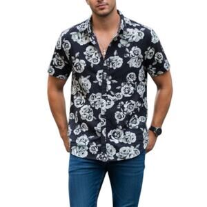 Cactus Man Ricky Singh Aloha Shirt Men XL Slim Black Roses Button Up Cotton Soft